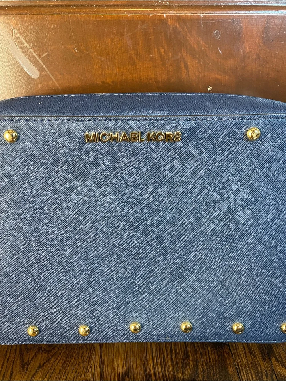 Michael Kors Sandrine Gold Studded MK EW Crossbody Bag Navy Saffiano Leather